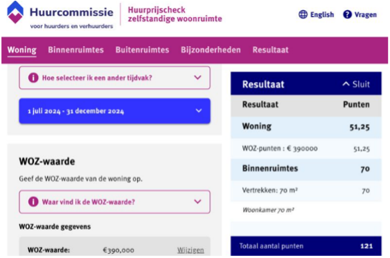 Voorbeeld van de huurprijscheck van de Huurcommissie