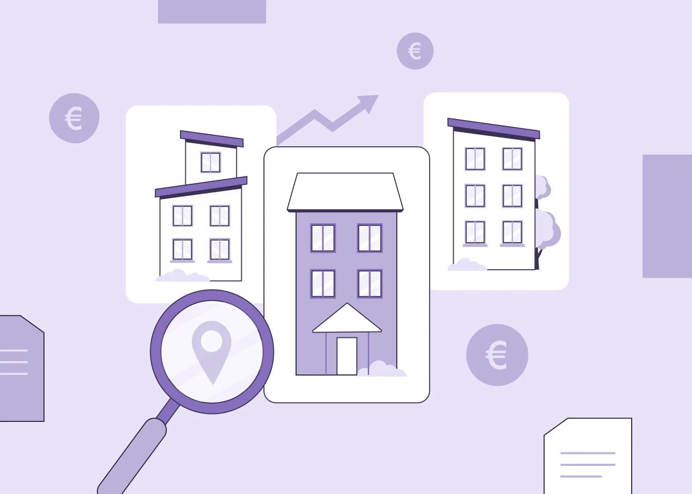 Illustratie van woningen met een vergrootglas, eurotekens en een stijgende pijl