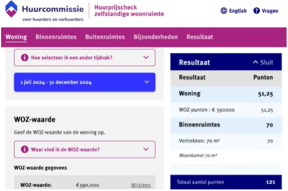 Voorbeeld van de huurprijscheck van de Huurcommissie